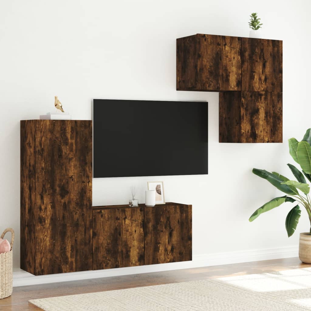 4-delige Tv-wandmeubelset bewerkt hout gerookt eikenkleurig is nu te koop bij PeponiXL, paradijselijk wonen!