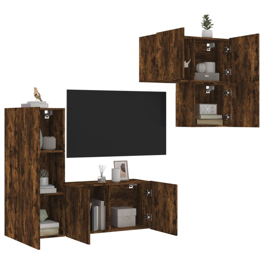 4-delige Tv-wandmeubelset bewerkt hout gerookt eikenkleurig is nu te koop bij PeponiXL, paradijselijk wonen!