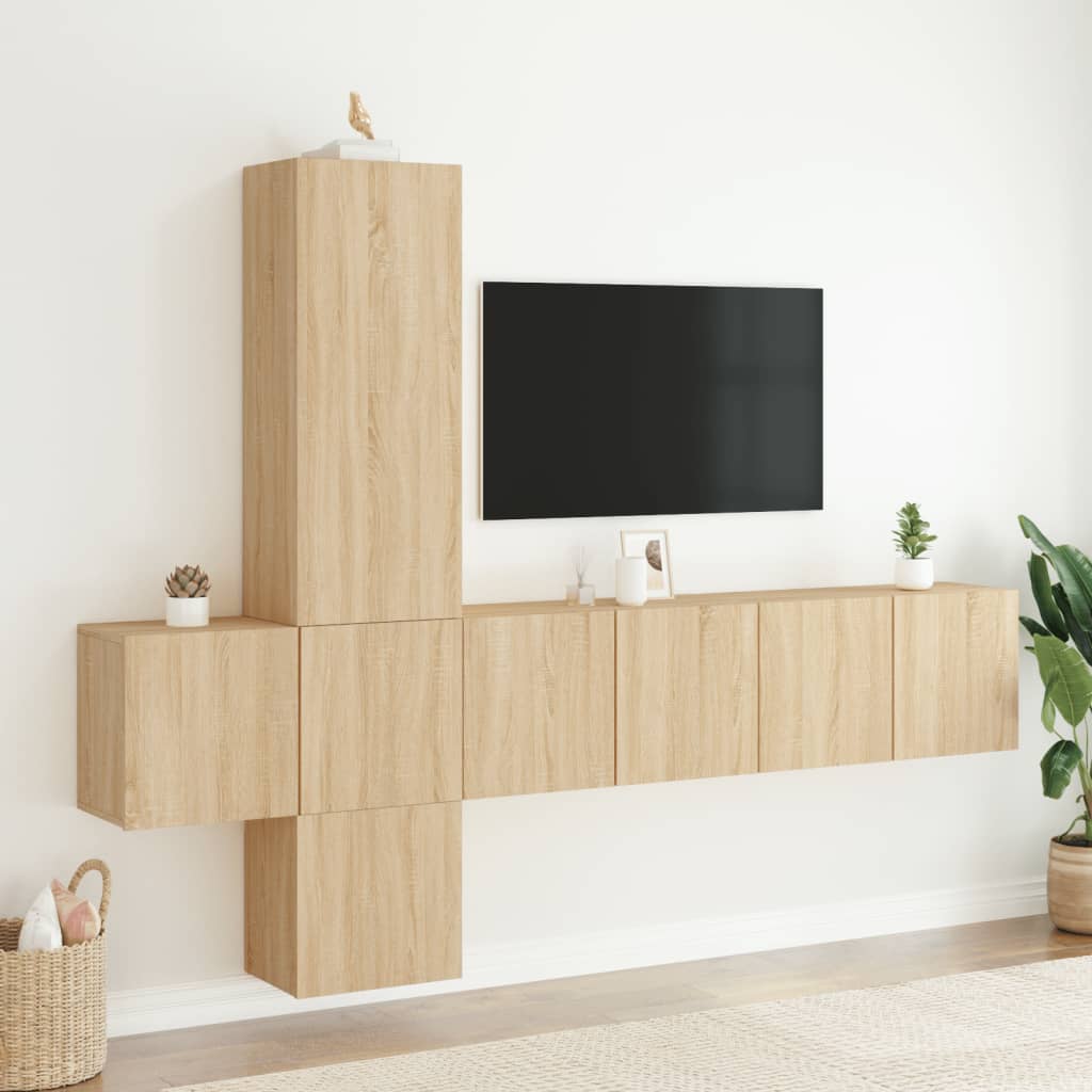 5-delige Tv-wandmeubelset bewerkt hout sonoma eikenkleurig is nu te koop bij PeponiXL, paradijselijk wonen!