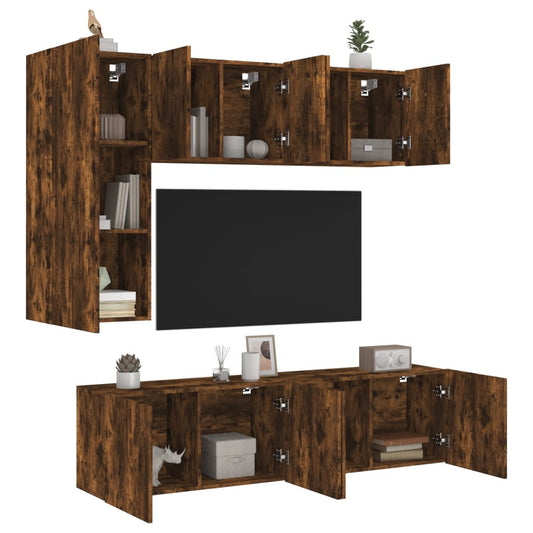5-delige Tv-wandmeubelset bewerkt hout gerookt eikenkleurig is nu te koop bij PeponiXL, paradijselijk wonen!