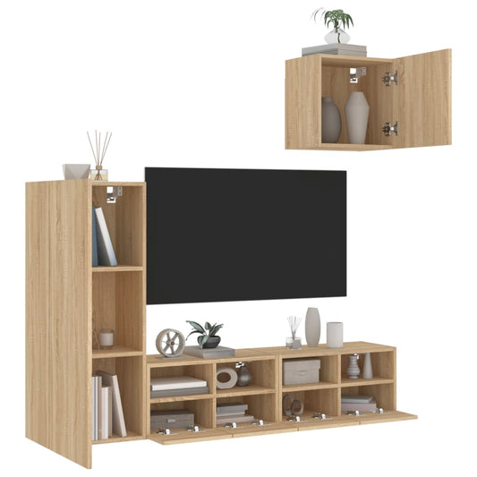 4-delige Tv-wandmeubelset bewerkt hout sonoma eikenkleurig is nu te koop bij PeponiXL, paradijselijk wonen!