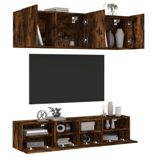 5-delige Tv-wandmeubelset bewerkt hout gerookt eikenkleurig is nu te koop bij PeponiXL, paradijselijk wonen!