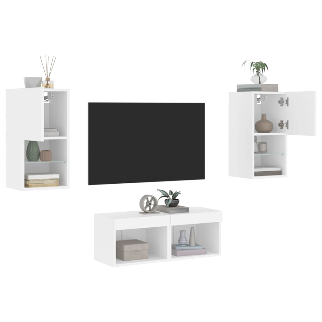 4-delige tv-wandmeubelset met LED-verlichting wit is nu te koop bij PeponiXL, paradijselijk wonen!