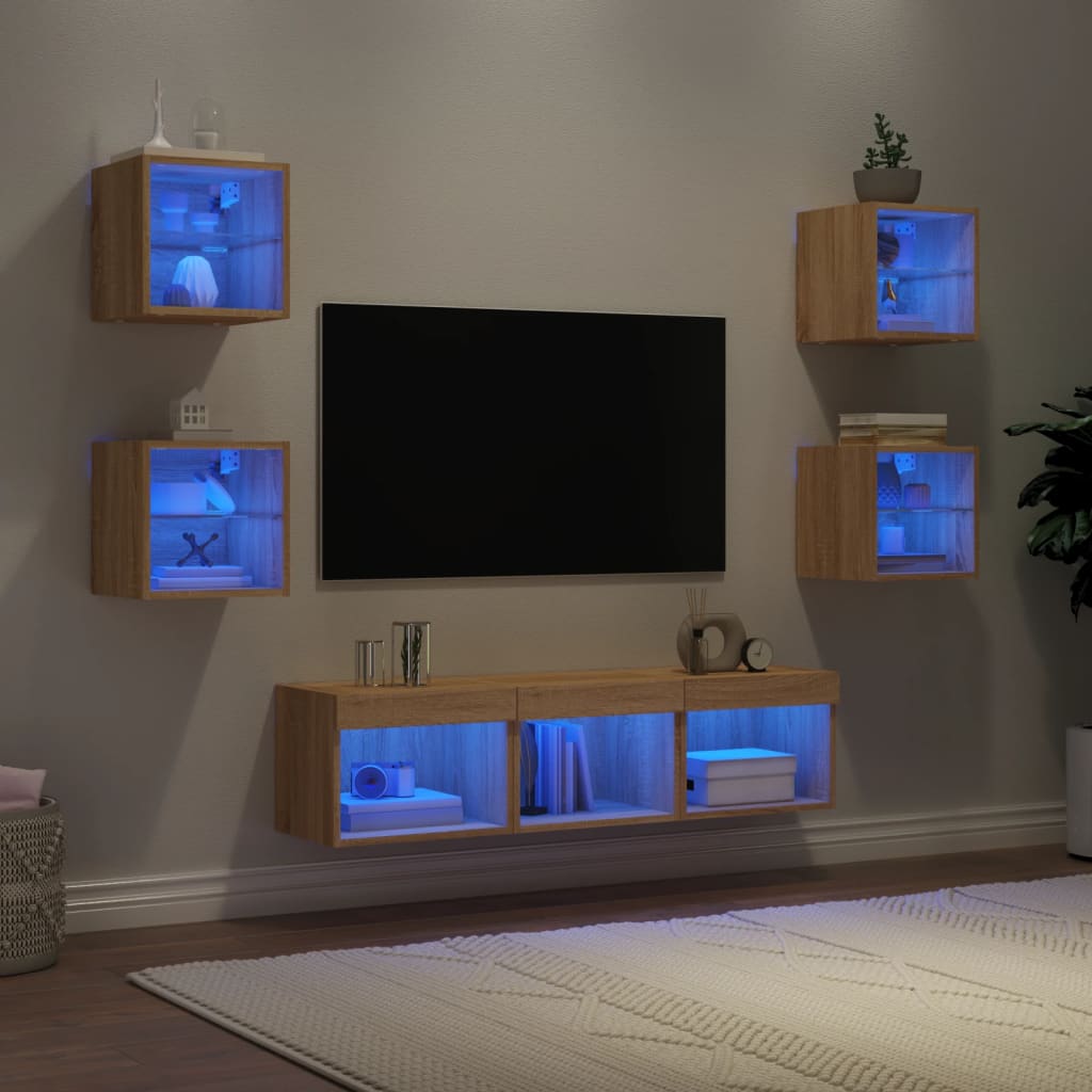 7-delige Tv-wandmeubelset met LED bewerkt hout sonoma eiken is nu te koop bij PeponiXL, paradijselijk wonen!