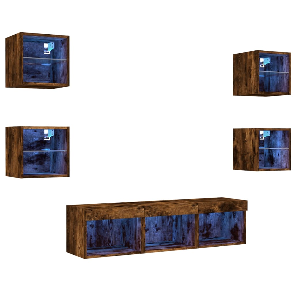 7-delige tv-wandmeubelset met LED bewerkt hout gerookt eiken is nu te koop bij PeponiXL, paradijselijk wonen!