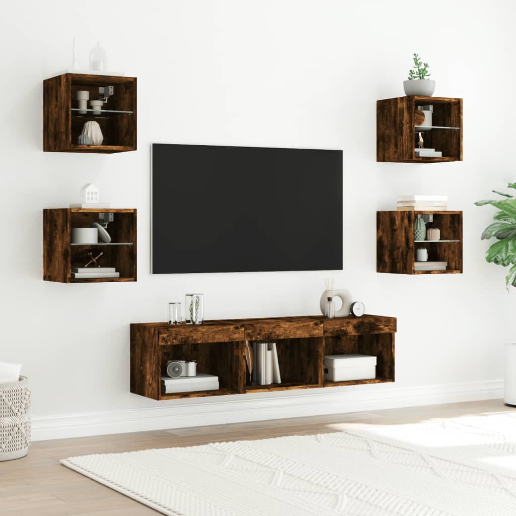 7-delige tv-wandmeubelset met LED bewerkt hout gerookt eiken is nu te koop bij PeponiXL, paradijselijk wonen!