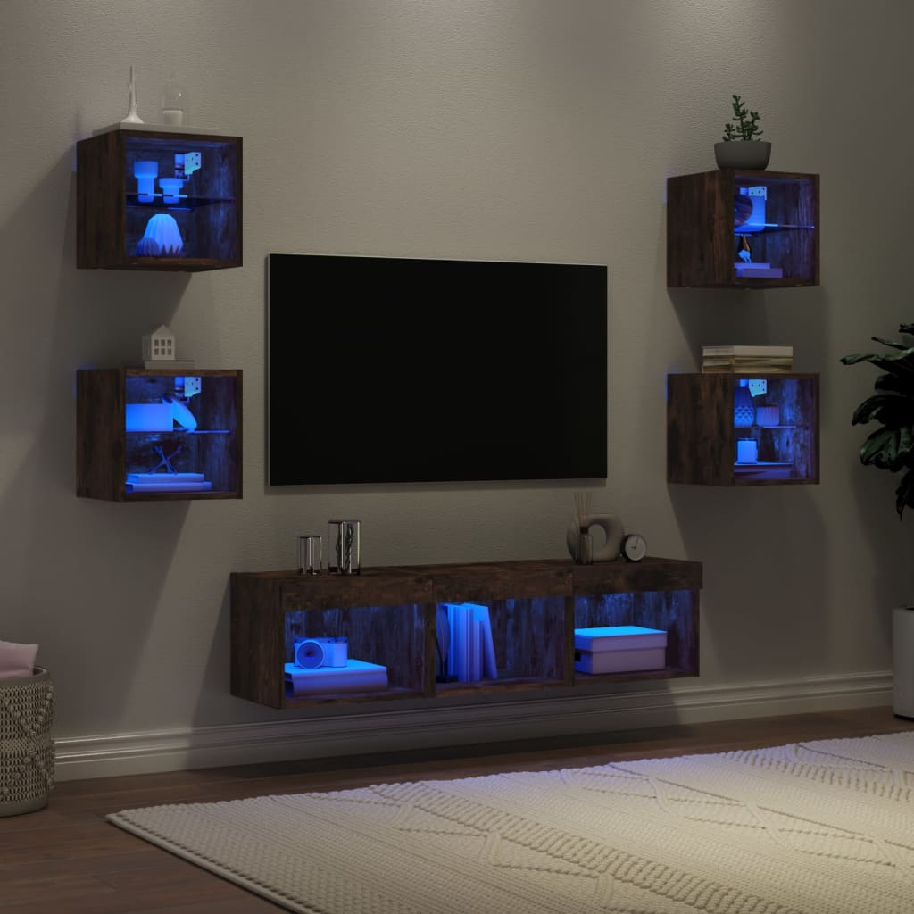 7-delige tv-wandmeubelset met LED bewerkt hout gerookt eiken is nu te koop bij PeponiXL, paradijselijk wonen!
