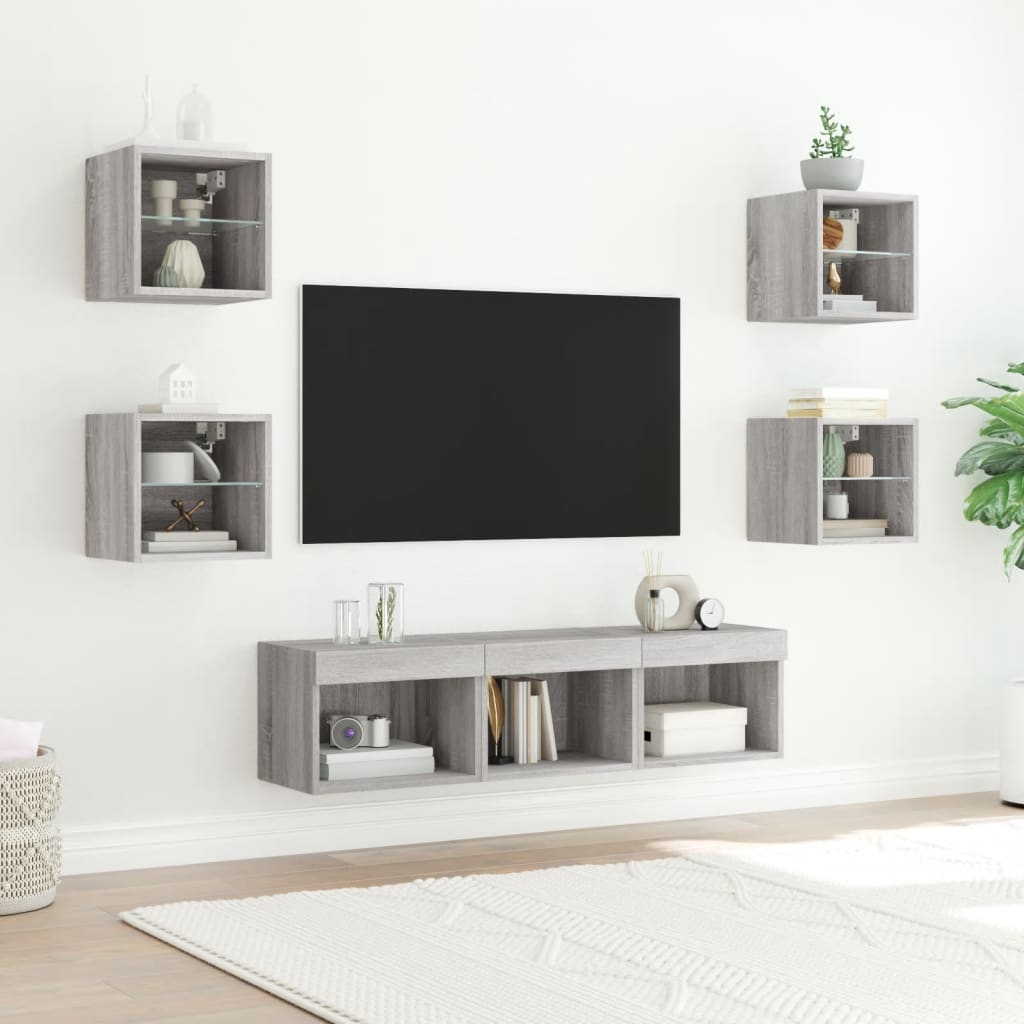 7-delige Tv-wandmeubelset met LED bewerkt hout grijs sonoma is nu te koop bij PeponiXL, paradijselijk wonen!