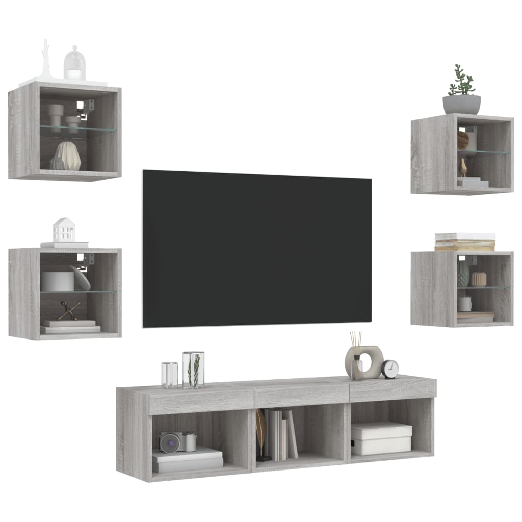 7-delige Tv-wandmeubelset met LED bewerkt hout grijs sonoma is nu te koop bij PeponiXL, paradijselijk wonen!