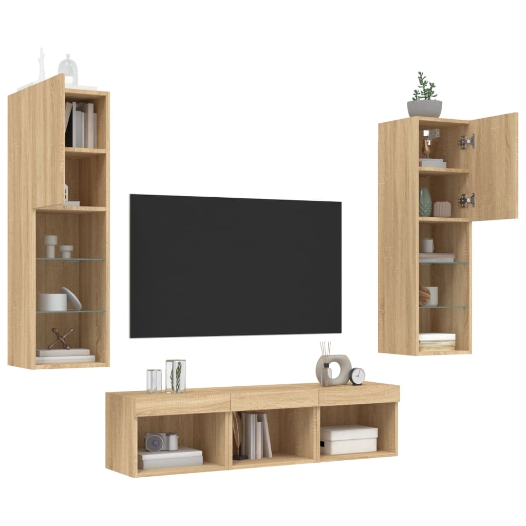 5-delige Tv-wandmeubelset met LED bewerkt hout sonoma eiken is nu te koop bij PeponiXL, paradijselijk wonen!