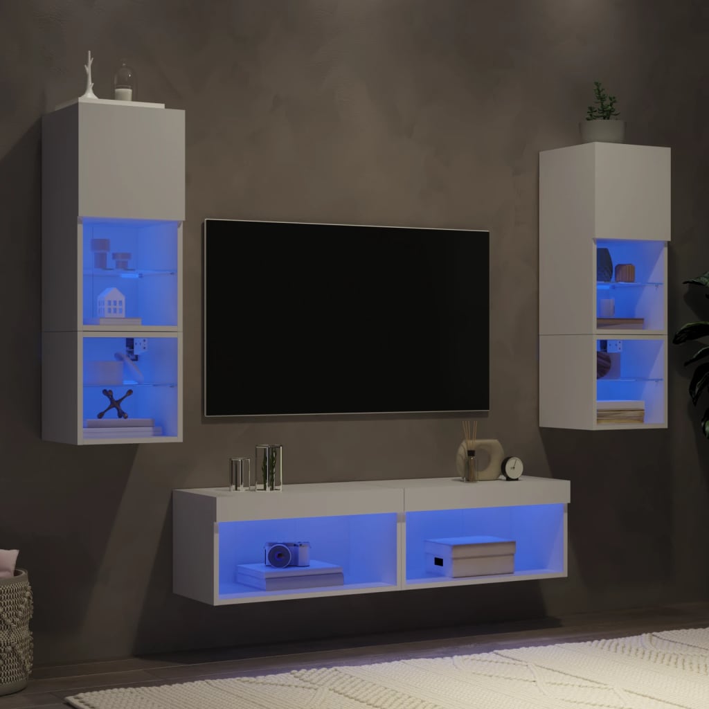 6-delige Tv-wandmeubelset met LED-verlichting bewerkt hout wit is nu te koop bij PeponiXL, paradijselijk wonen!