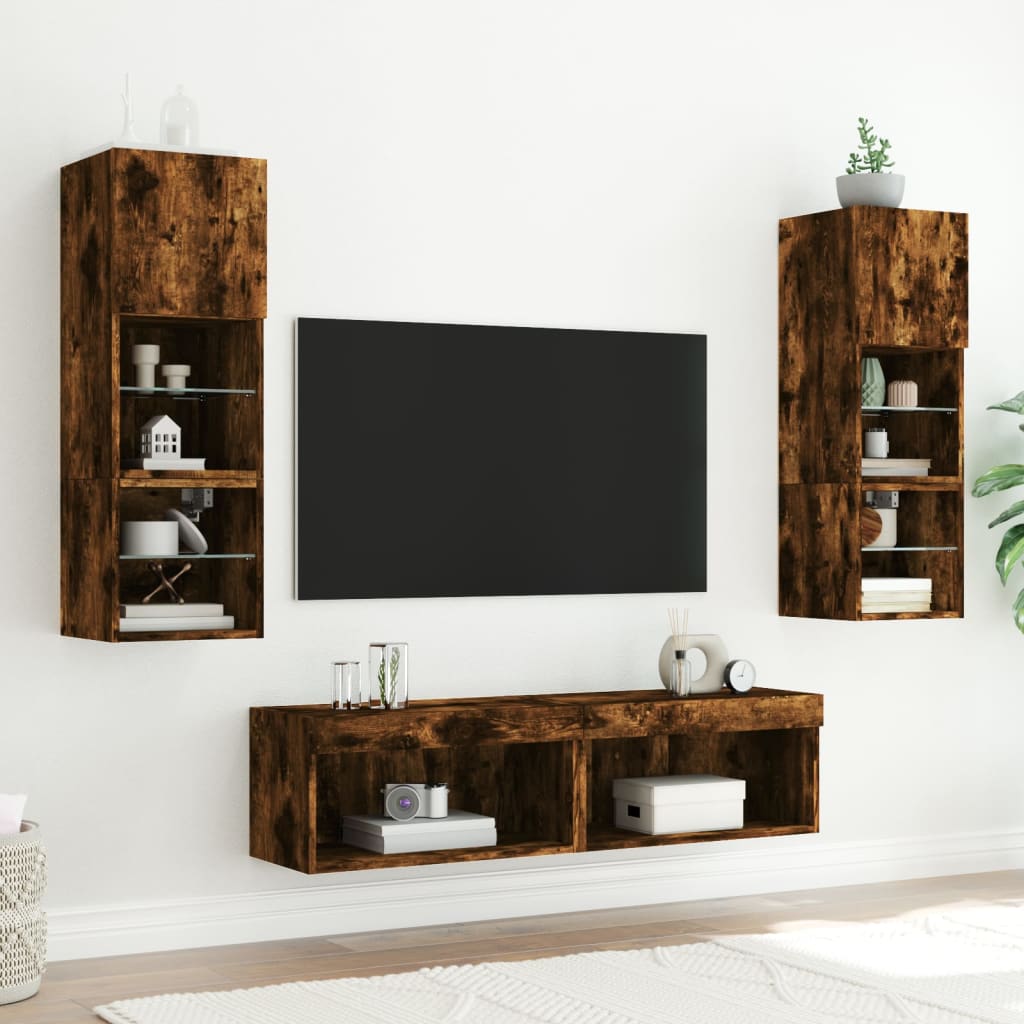 6-delige tv-wandmeubelset met LED bewerkt hout gerookt eiken is nu te koop bij PeponiXL, paradijselijk wonen!