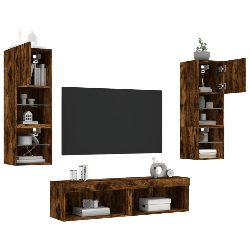 6-delige tv-wandmeubelset met LED bewerkt hout gerookt eiken is nu te koop bij PeponiXL, paradijselijk wonen!