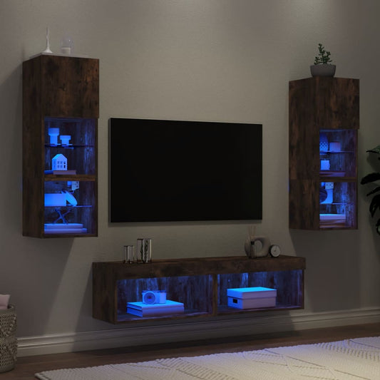6-delige tv-wandmeubelset met LED bewerkt hout gerookt eiken is nu te koop bij PeponiXL, paradijselijk wonen!