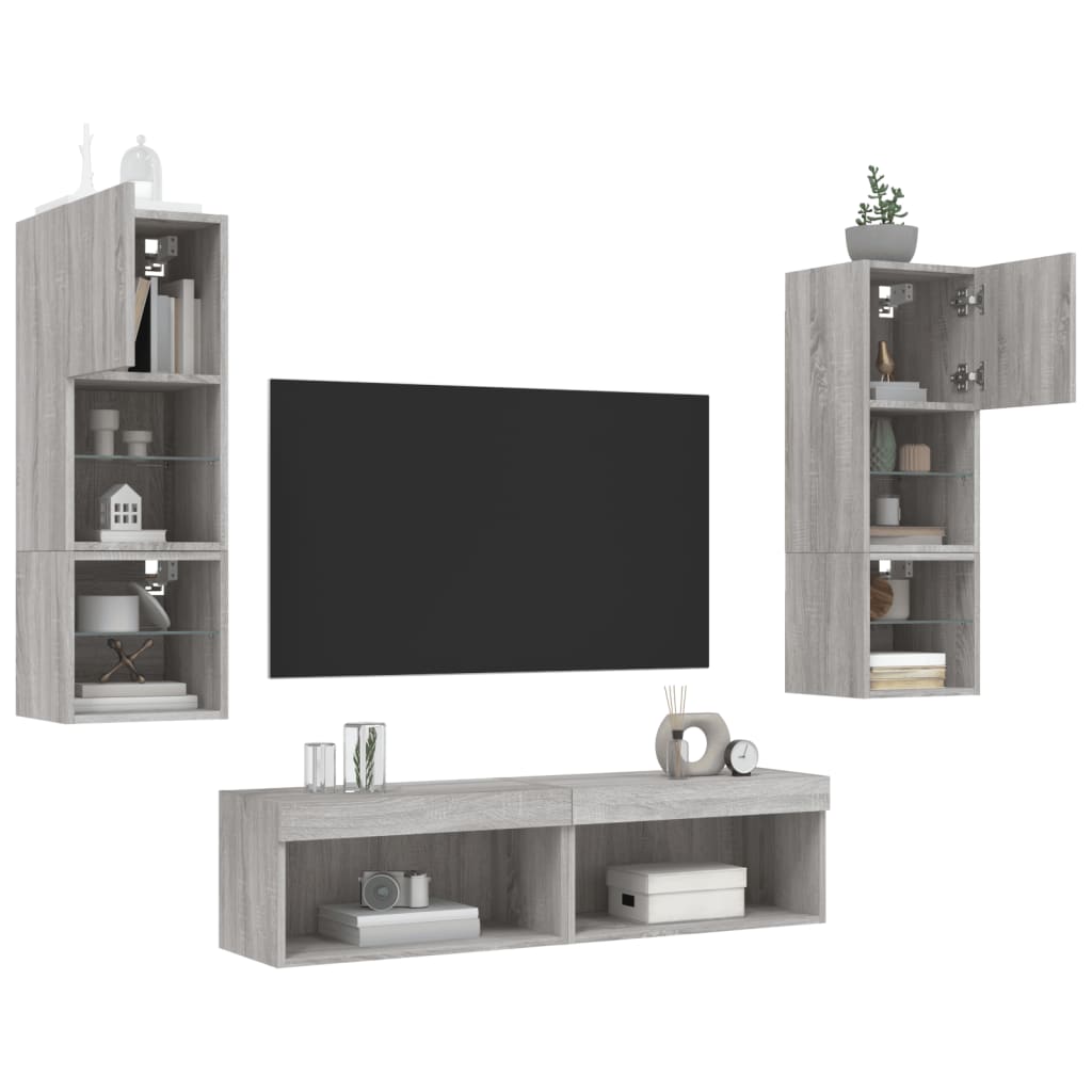 6-delige Tv-wandmeubelset met LED grijs sonoma eikenkleurig is nu te koop bij PeponiXL, paradijselijk wonen!