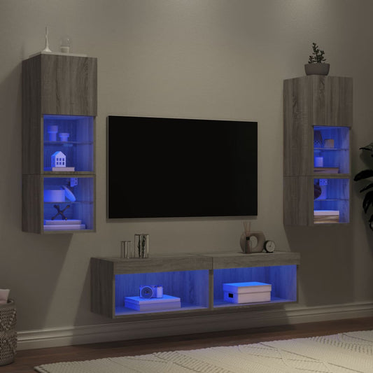 6-delige Tv-wandmeubelset met LED grijs sonoma eikenkleurig is nu te koop bij PeponiXL, paradijselijk wonen!