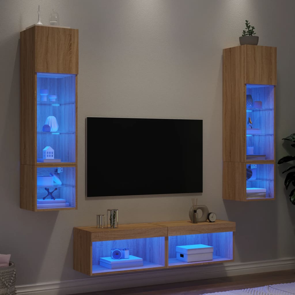 6-delige Tv-wandmeubelset met LED bewerkt hout sonoma eiken is nu te koop bij PeponiXL, paradijselijk wonen!