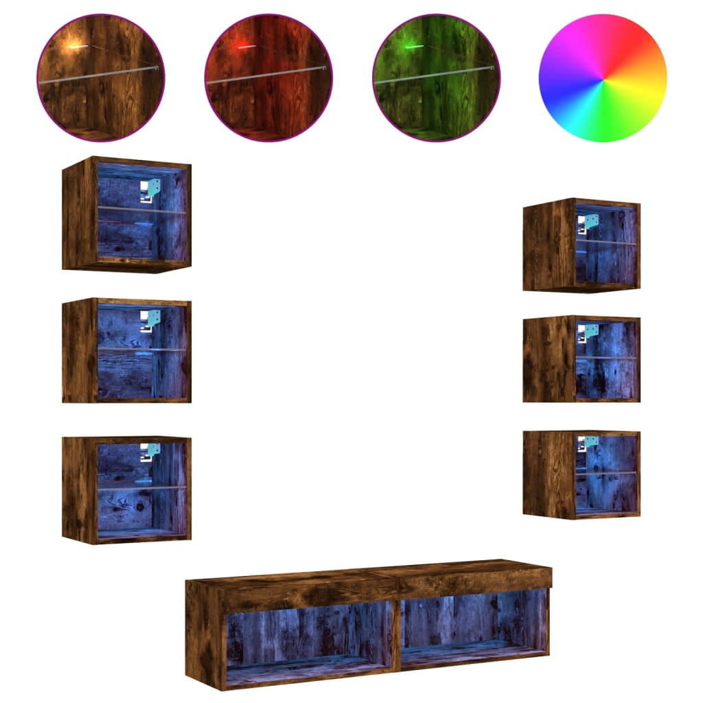 8-delige tv-wandmeubelset met LED bewerkt hout gerookt eiken is nu te koop bij PeponiXL, paradijselijk wonen!