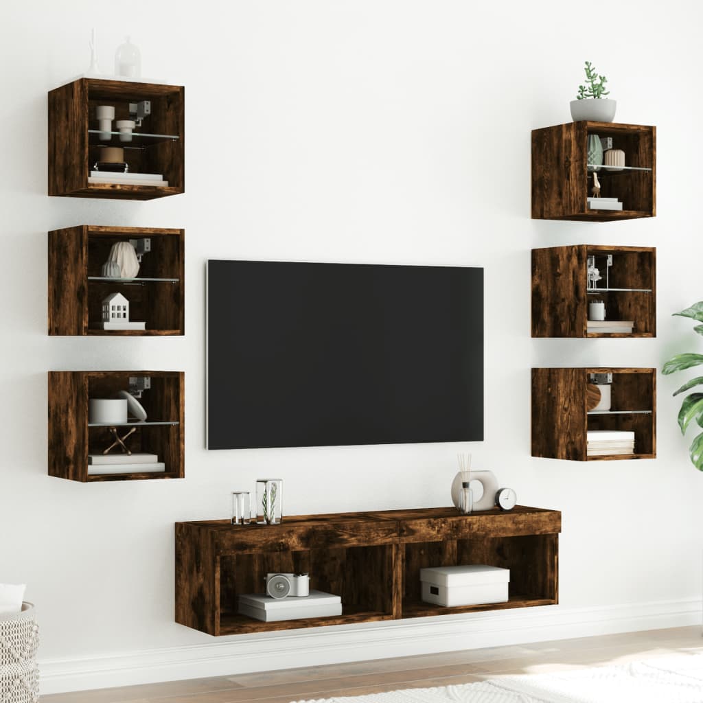 8-delige tv-wandmeubelset met LED bewerkt hout gerookt eiken is nu te koop bij PeponiXL, paradijselijk wonen!