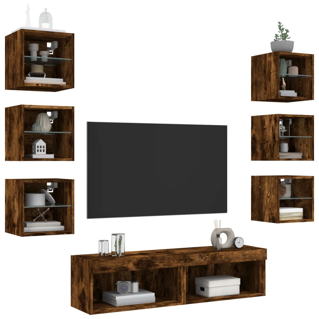 8-delige tv-wandmeubelset met LED bewerkt hout gerookt eiken is nu te koop bij PeponiXL, paradijselijk wonen!