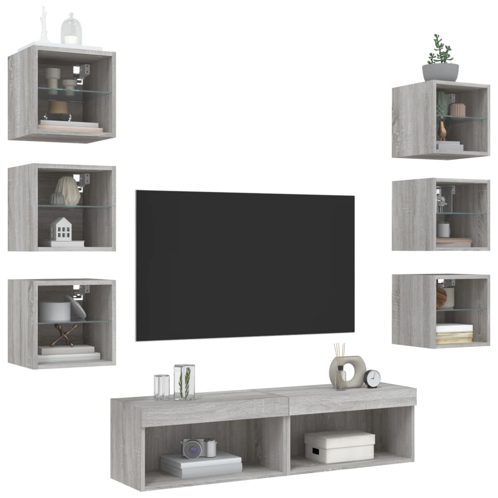 8-delige Tv-wandmeubelset met LED bewerkt hout grijs sonoma is nu te koop bij PeponiXL, paradijselijk wonen!
