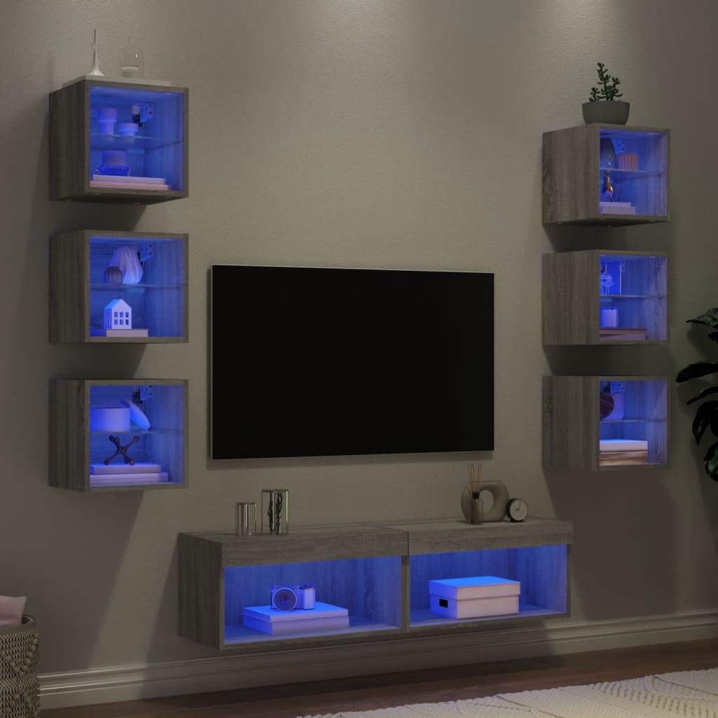 8-delige Tv-wandmeubelset met LED bewerkt hout grijs sonoma is nu te koop bij PeponiXL, paradijselijk wonen!