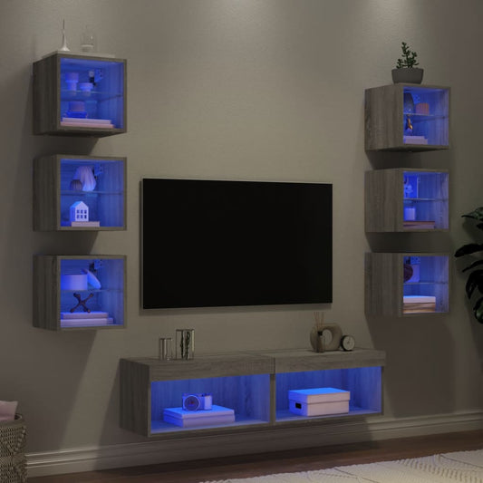 8-delige Tv-wandmeubelset met LED bewerkt hout grijs sonoma is nu te koop bij PeponiXL, paradijselijk wonen!