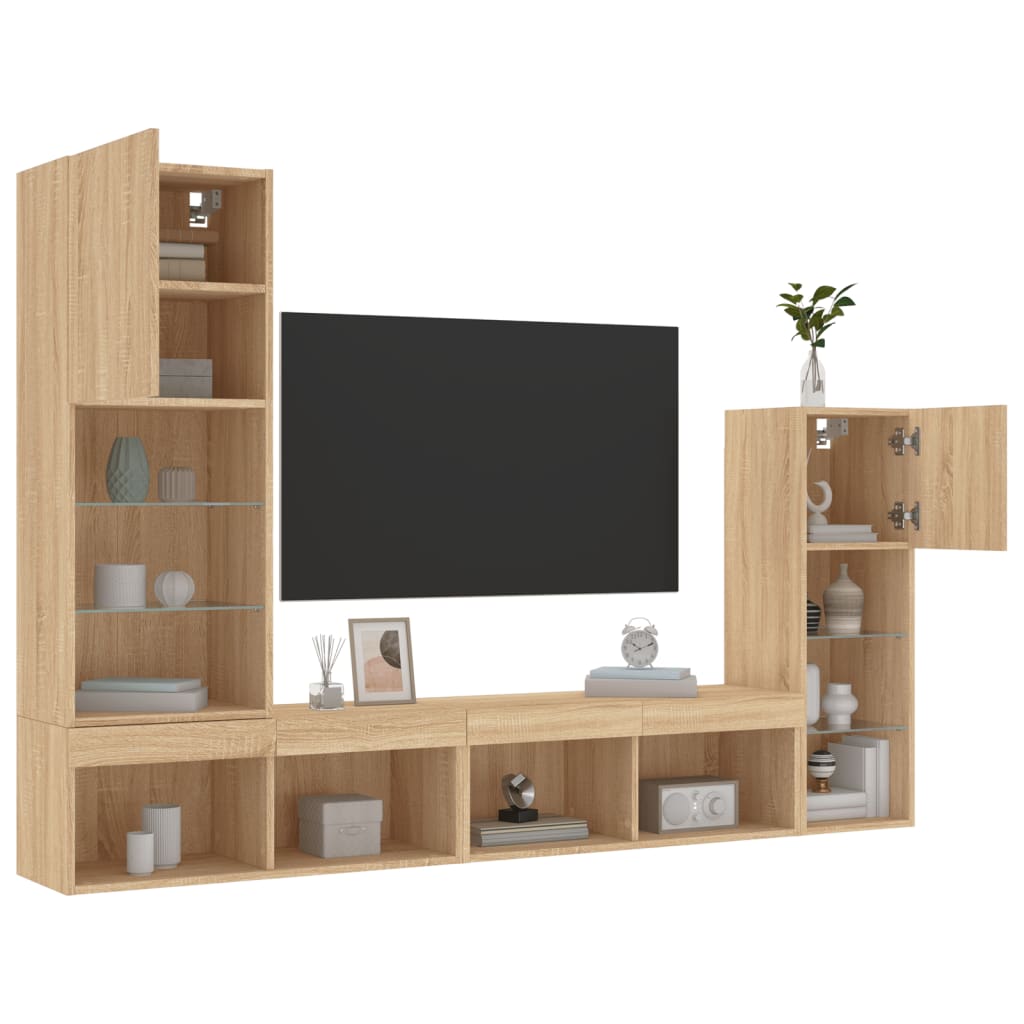 4-delige Tv-wandmeubelset met LED bewerkt hout sonoma eiken is nu te koop bij PeponiXL, paradijselijk wonen!