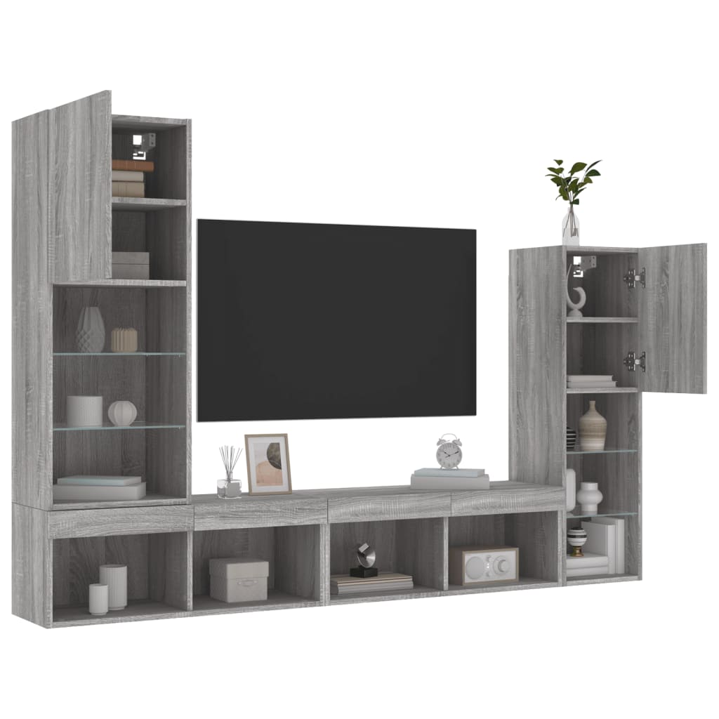 4-delige Tv-wandmeubelset met LED bewerkt hout grijs sonoma is nu te koop bij PeponiXL, paradijselijk wonen!