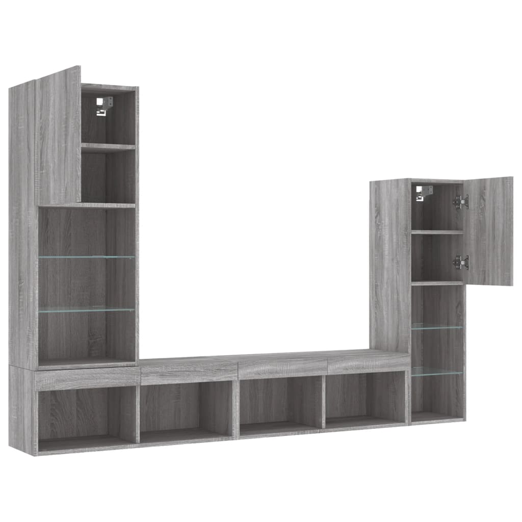 4-delige Tv-wandmeubelset met LED bewerkt hout grijs sonoma is nu te koop bij PeponiXL, paradijselijk wonen!