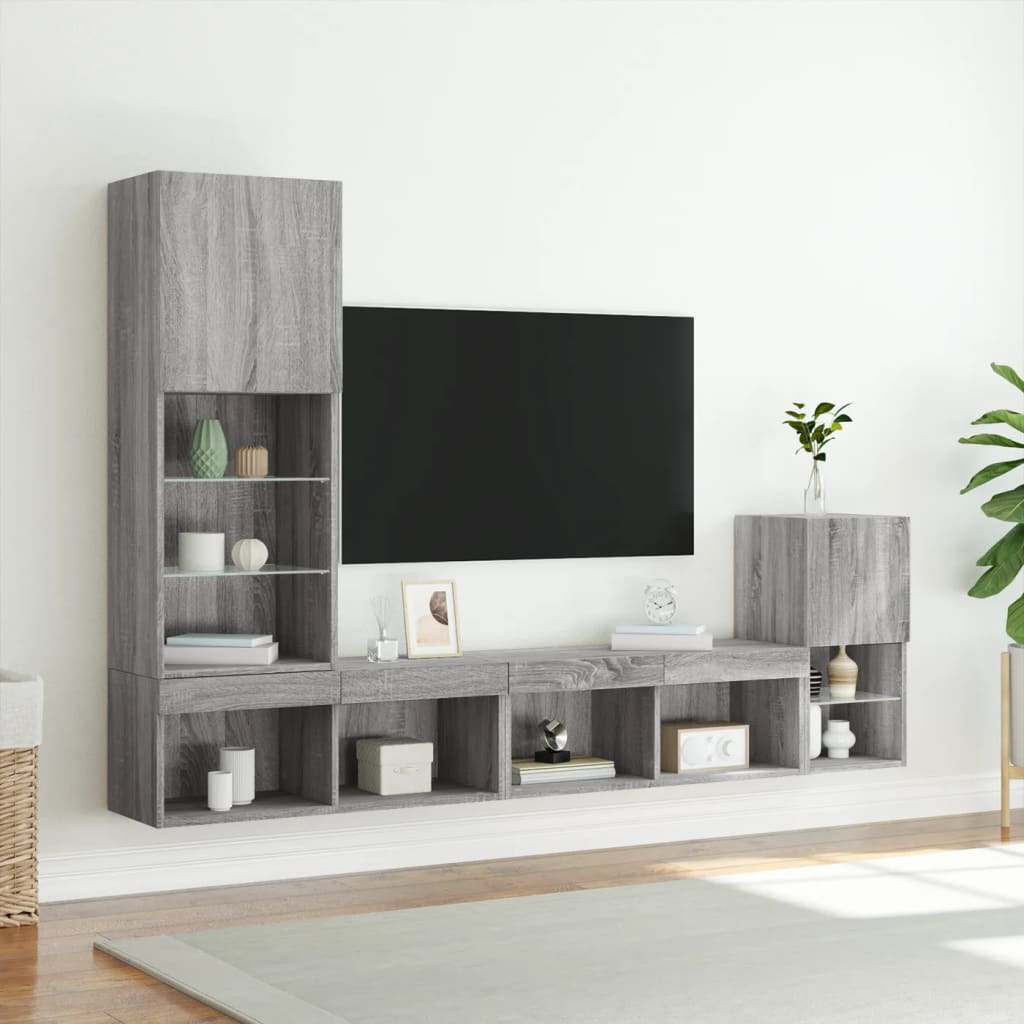 4-delige Tv-wandmeubelset met LED bewerkt hout grijs sonoma is nu te koop bij PeponiXL, paradijselijk wonen!
