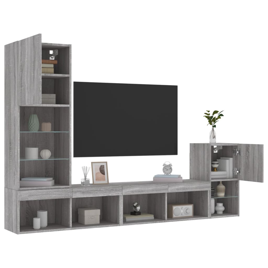 4-delige Tv-wandmeubelset met LED bewerkt hout grijs sonoma is nu te koop bij PeponiXL, paradijselijk wonen!