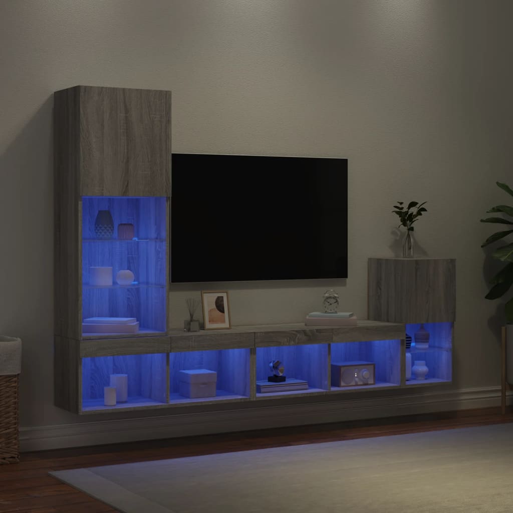 4-delige Tv-wandmeubelset met LED bewerkt hout grijs sonoma is nu te koop bij PeponiXL, paradijselijk wonen!