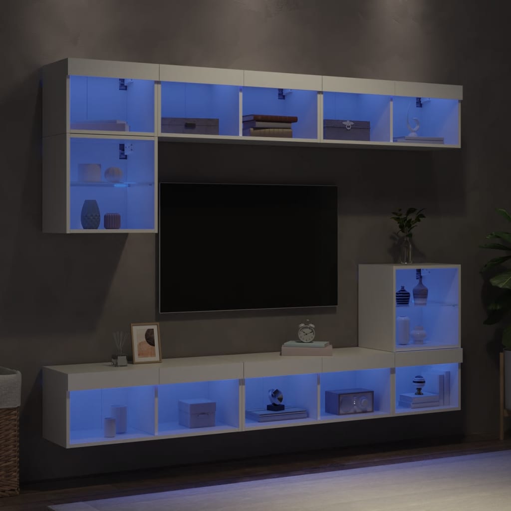 8-delige Tv-wandmeubelset met LED-verlichting bewerkt hout wit is nu te koop bij PeponiXL, paradijselijk wonen!