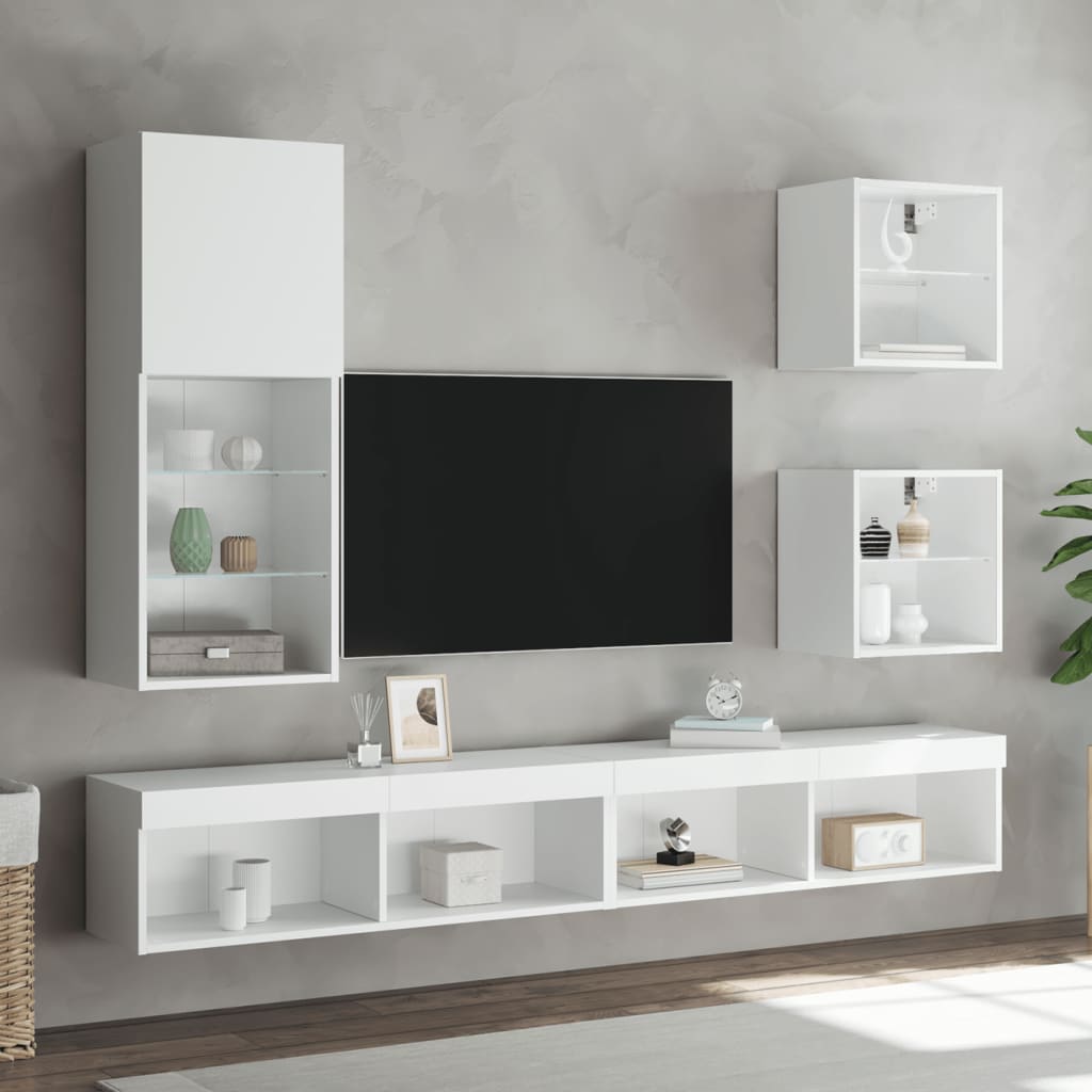 5-delige Tv-wandmeubelset met LED-verlichting bewerkt hout wit is nu te koop bij PeponiXL, paradijselijk wonen!