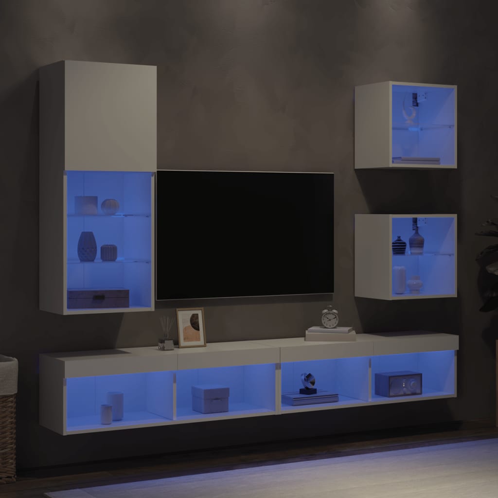 5-delige Tv-wandmeubelset met LED-verlichting bewerkt hout wit is nu te koop bij PeponiXL, paradijselijk wonen!