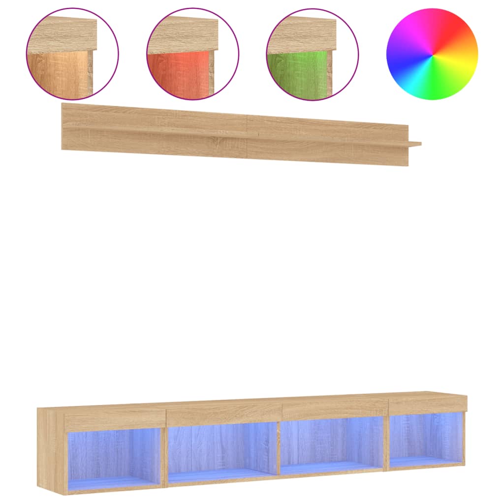 5-delige Tv-wandmeubelset met LED bewerkt hout sonoma eiken is nu te koop bij PeponiXL, paradijselijk wonen!