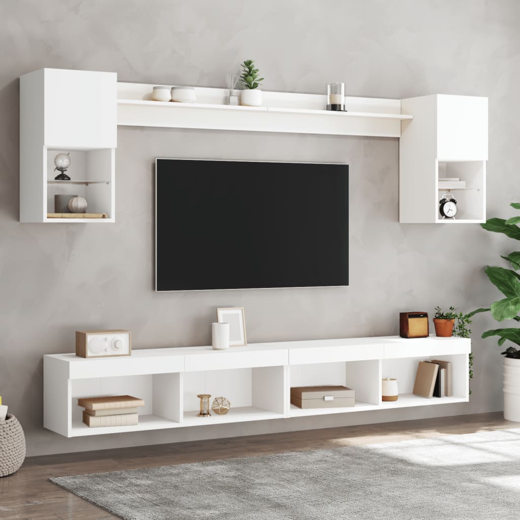 6-delige Tv-wandmeubelset met LED-verlichting bewerkt hout wit is nu te koop bij PeponiXL, paradijselijk wonen!