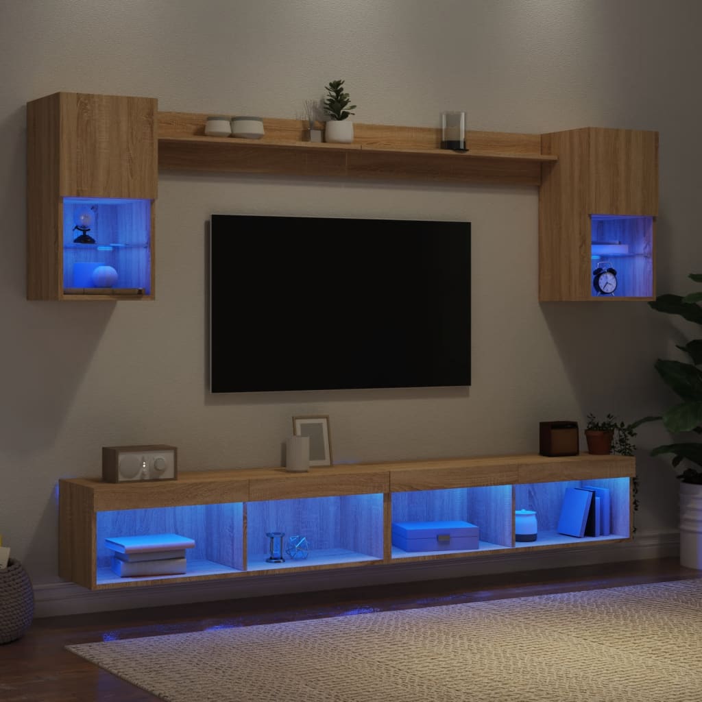 6-delige Tv-wandmeubelset met LED bewerkt hout sonoma eiken is nu te koop bij PeponiXL, paradijselijk wonen!