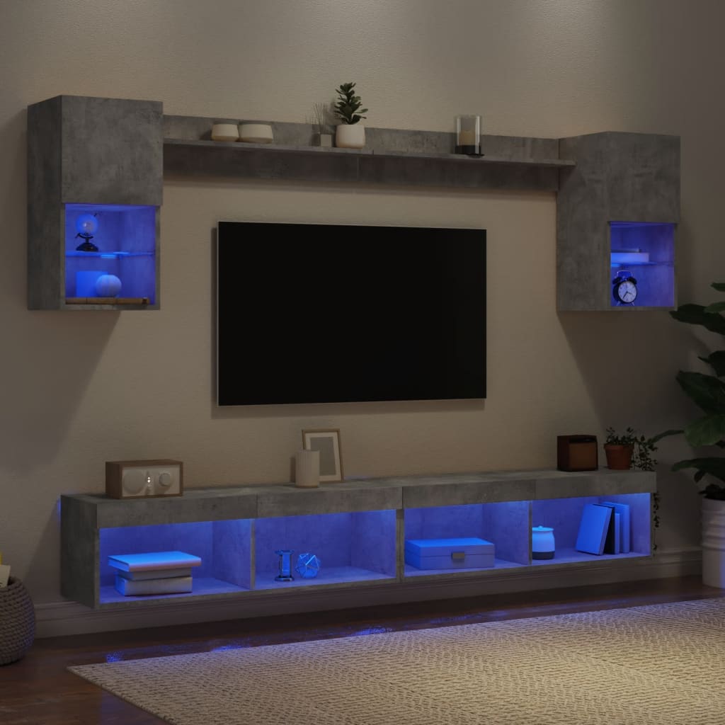 6-delige Tv-wandmeubelset met LED bewerkt hout betongrijs is nu te koop bij PeponiXL, paradijselijk wonen!