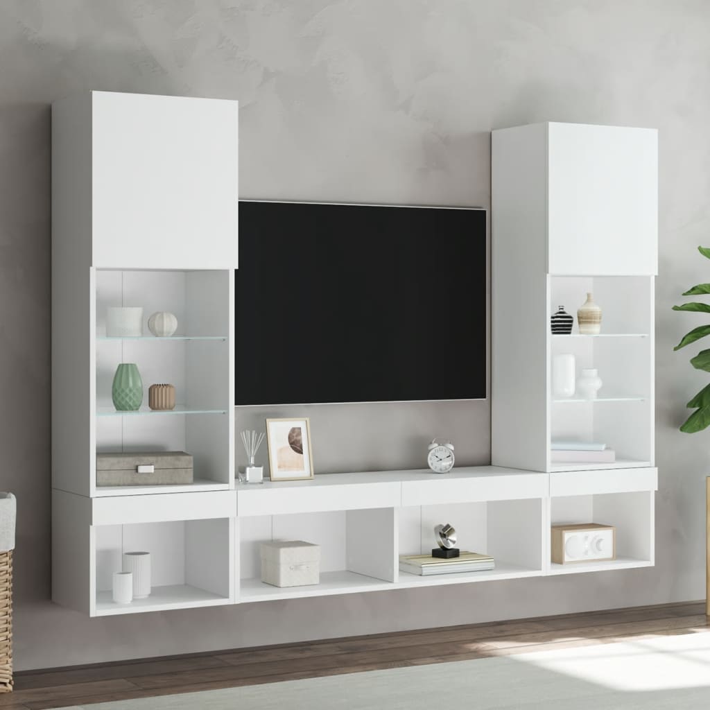 5-delige Tv-wandmeubelset met LED-verlichting bewerkt hout wit is nu te koop bij PeponiXL, paradijselijk wonen!