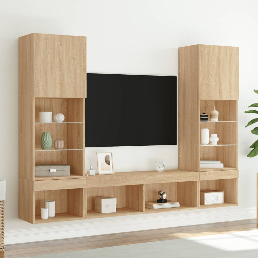 5-delige Tv-wandmeubelset met LED bewerkt hout sonoma eiken is nu te koop bij PeponiXL, paradijselijk wonen!