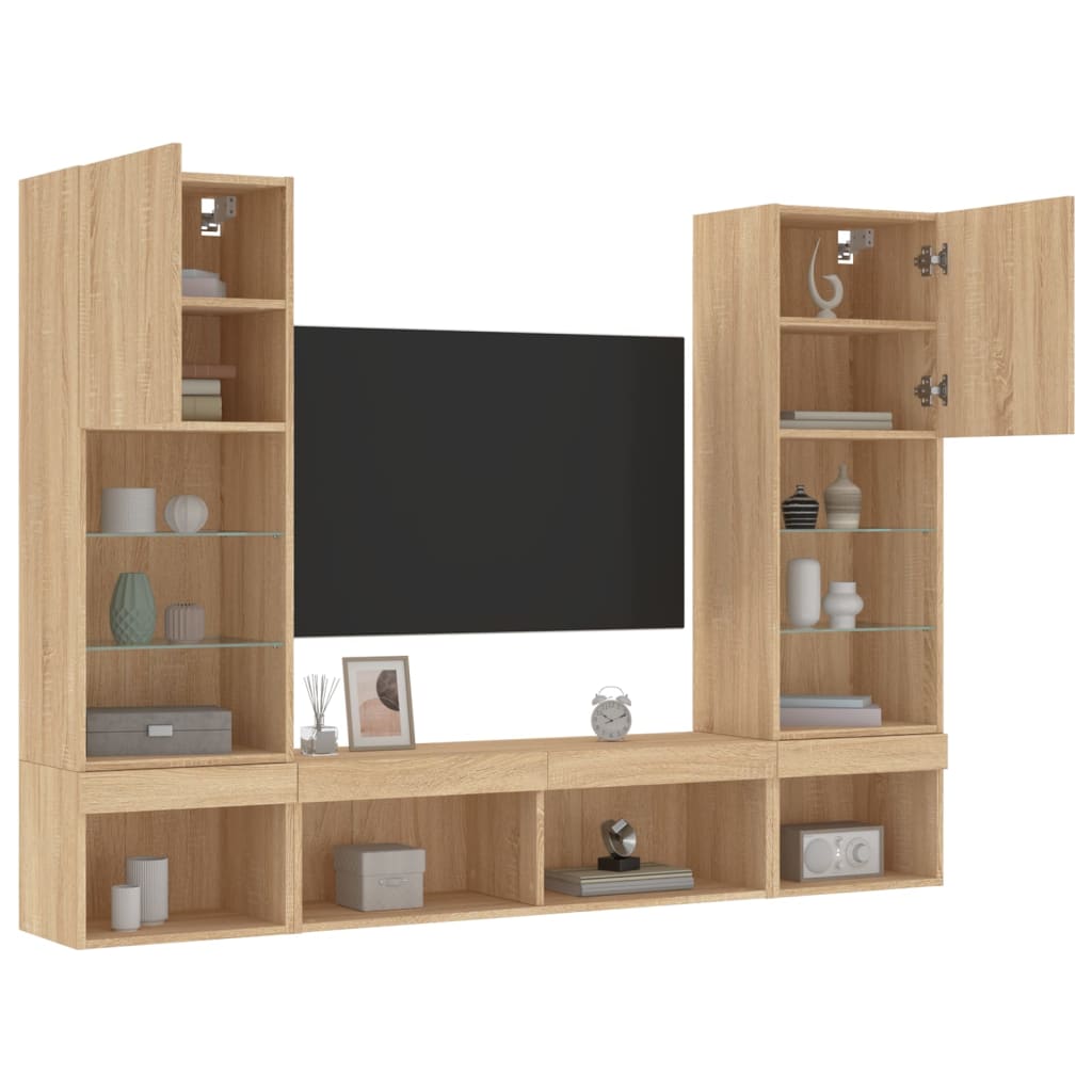 5-delige Tv-wandmeubelset met LED bewerkt hout sonoma eiken is nu te koop bij PeponiXL, paradijselijk wonen!