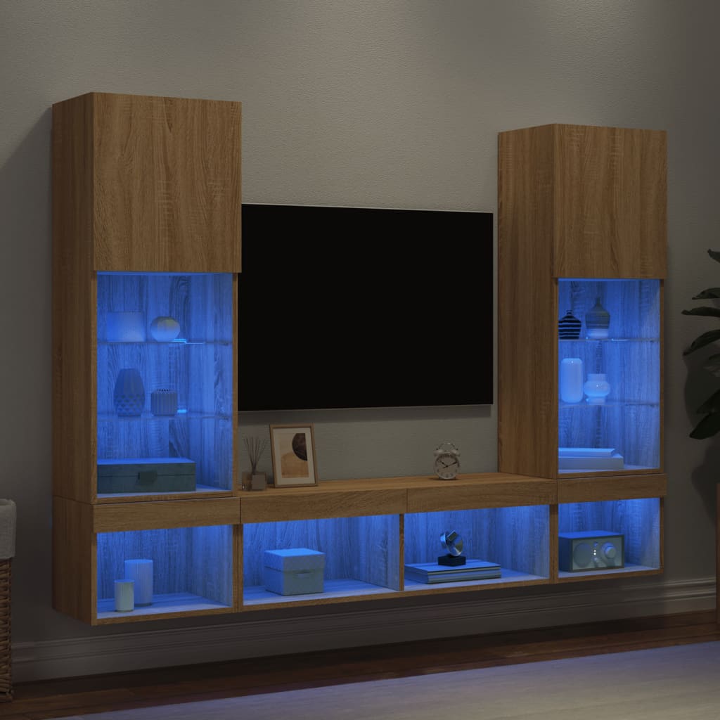 5-delige Tv-wandmeubelset met LED bewerkt hout sonoma eiken is nu te koop bij PeponiXL, paradijselijk wonen!