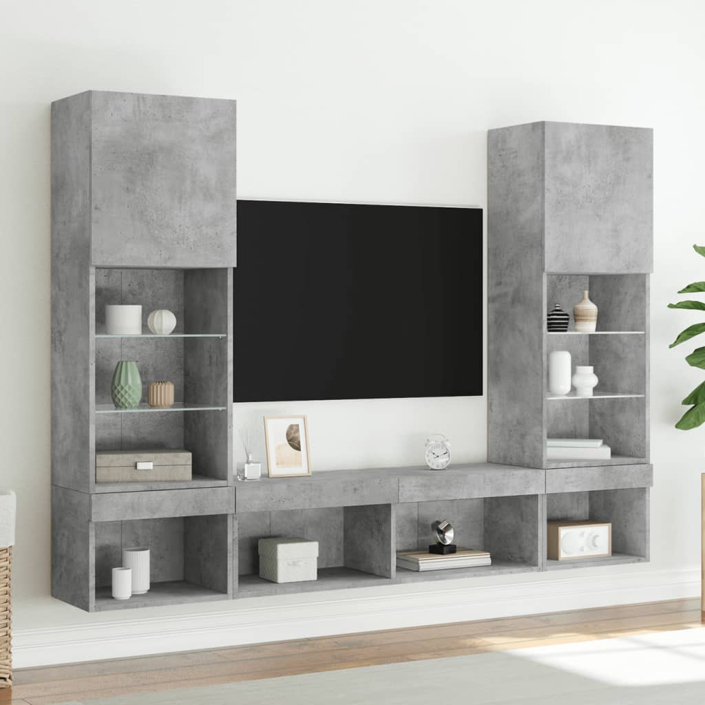 5-delige Tv-wandmeubelset met LED bewerkt hout betongrijs is nu te koop bij PeponiXL, paradijselijk wonen!