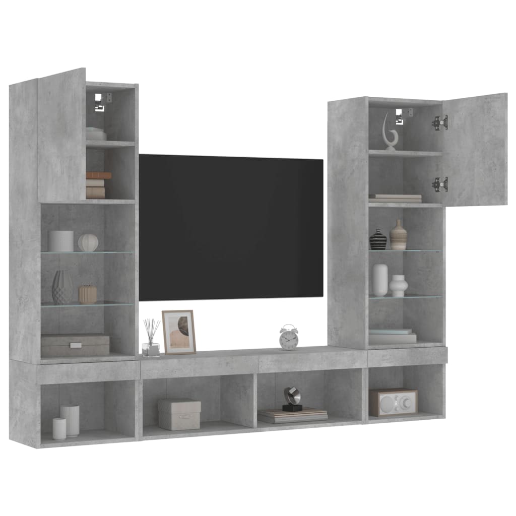 5-delige Tv-wandmeubelset met LED bewerkt hout betongrijs is nu te koop bij PeponiXL, paradijselijk wonen!
