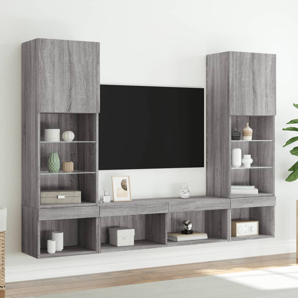 5-delige Tv-wandmeubelset met LED grijs sonoma eikenkleurig is nu te koop bij PeponiXL, paradijselijk wonen!