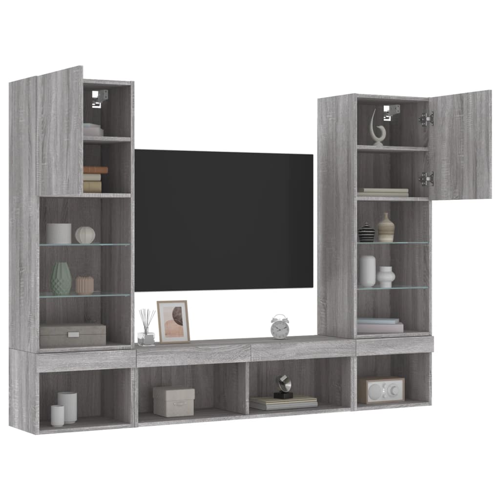 5-delige Tv-wandmeubelset met LED grijs sonoma eikenkleurig is nu te koop bij PeponiXL, paradijselijk wonen!