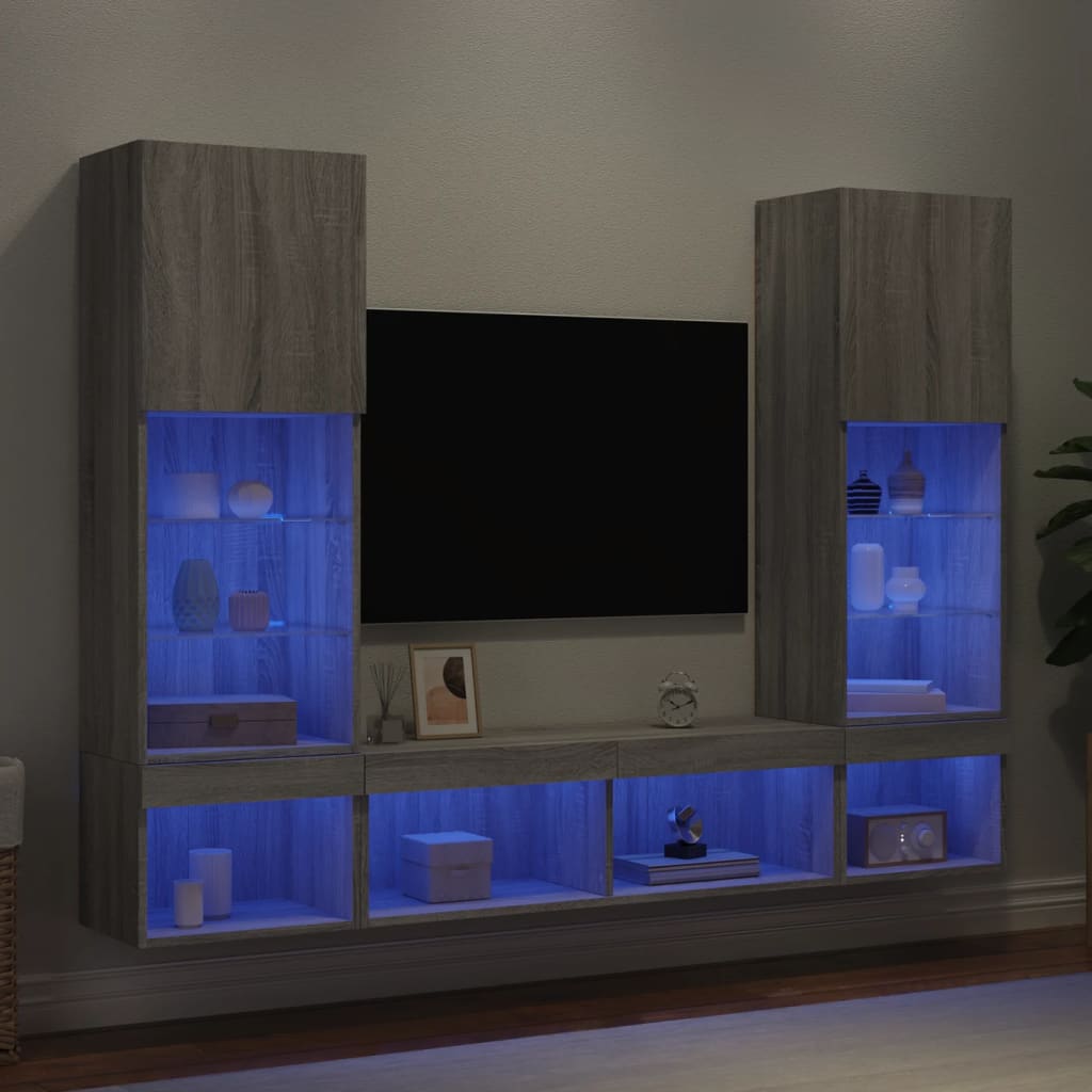 5-delige Tv-wandmeubelset met LED grijs sonoma eikenkleurig is nu te koop bij PeponiXL, paradijselijk wonen!