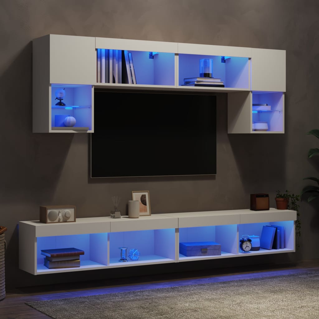 6-delige Tv-wandmeubelset met LED-verlichting bewerkt hout wit is nu te koop bij PeponiXL, paradijselijk wonen!